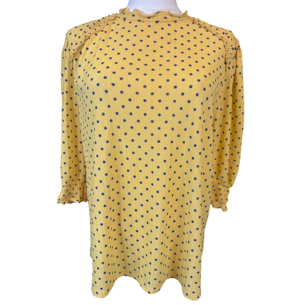 2/$25 Zara Medium Basic Yellow With Navy Polka Dots Blouse